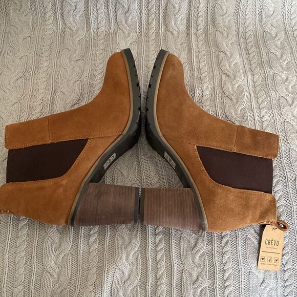 Crevo Alicia Tan Brown Leather Suede Round Toe Block Heel Casual Fall Boots - Picture 9 of 12